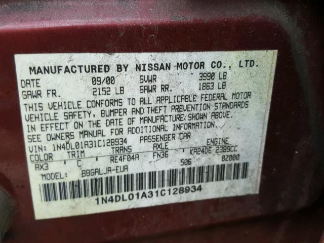 1N4DL01A31C128934 - 2001 NISSAN ALTIMA GXE RED photo 10