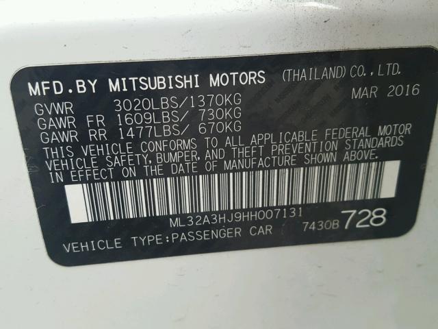 ML32A3HJ9HH007131 - 2017 MITSUBISHI MIRAGE ES WHITE photo 10