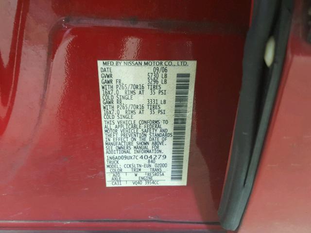 1N6AD09UX7C404279 - 2007 NISSAN FRONTIER C RED photo 10