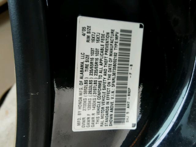 5FNRL38735B092182 - 2005 HONDA ODYSSEY EX BLACK photo 10