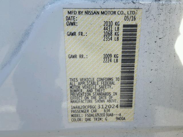 1N4BZ0CP8GC312024 - 2016 NISSAN LEAF SV WHITE photo 10