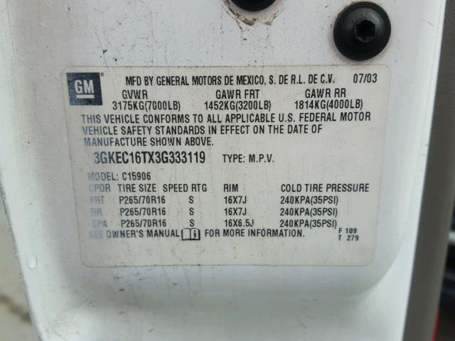 3GKEC16TX3G333119 - 2003 GMC YUKON XL C WHITE photo 10