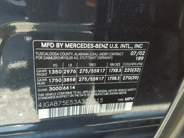 4JGAB75E53A376215 - 2003 MERCEDES-BENZ ML 500 BLUE photo 10