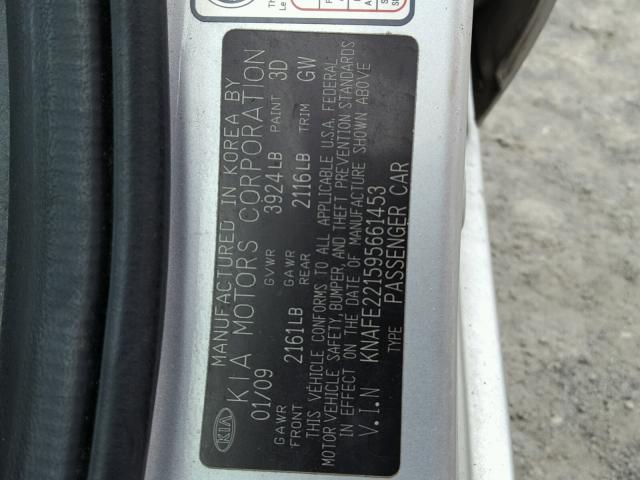 KNAFE221595661453 - 2009 KIA SPECTRA EX SILVER photo 10