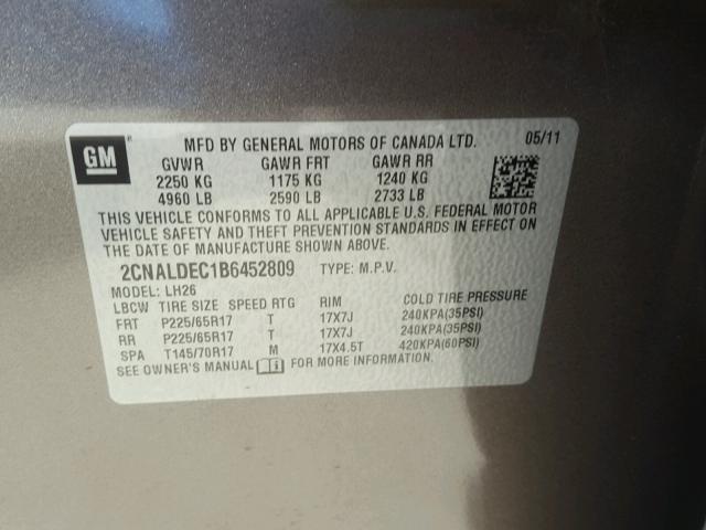 2CNALDEC1B6452809 - 2011 CHEVROLET EQUINOX LT GRAY photo 10