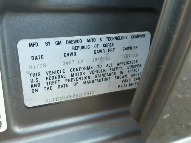 KL1TD56668B206912 - 2008 CHEVROLET AVEO BASE GRAY photo 10