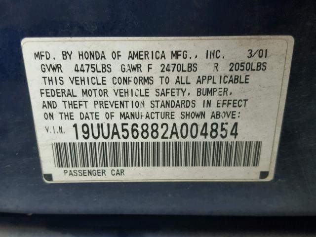 19UUA56882A004854 - 2002 ACURA 3.2TL TYPE BLUE photo 10