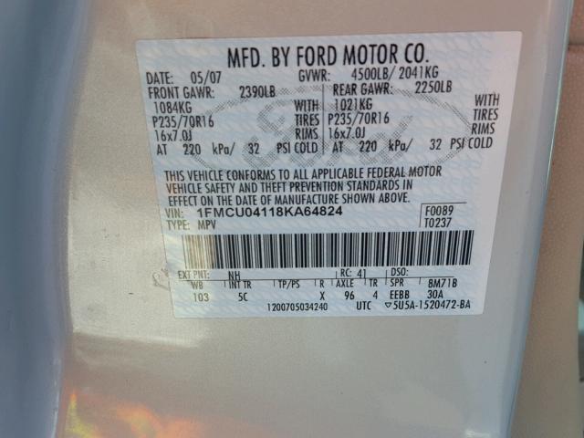 1FMCU04118KA64824 - 2008 FORD ESCAPE LIM WHITE photo 10