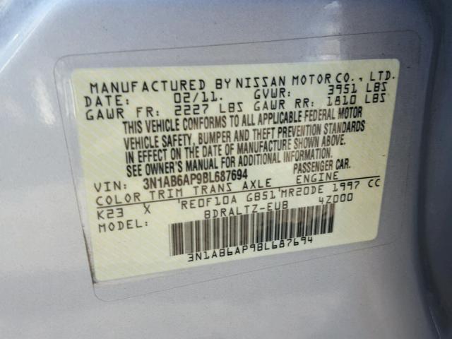 3N1AB6AP9BL687694 - 2011 NISSAN SENTRA 2.0 SILVER photo 10