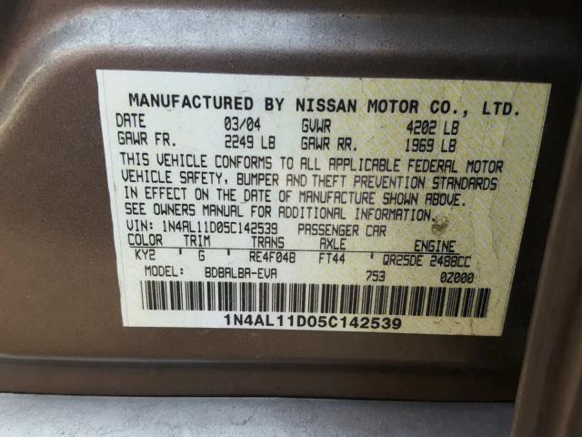 1N4AL11D05C142539 - 2005 NISSAN ALTIMA S GRAY photo 10