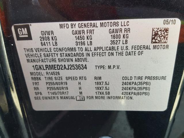 1GKLRMED2AJ253634 - 2010 GMC ACADIA SLT შავი ფოტო 10