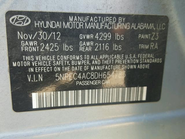 5NPEC4AC8DH654783 - 2013 HYUNDAI SONATA SE SILVER photo 10