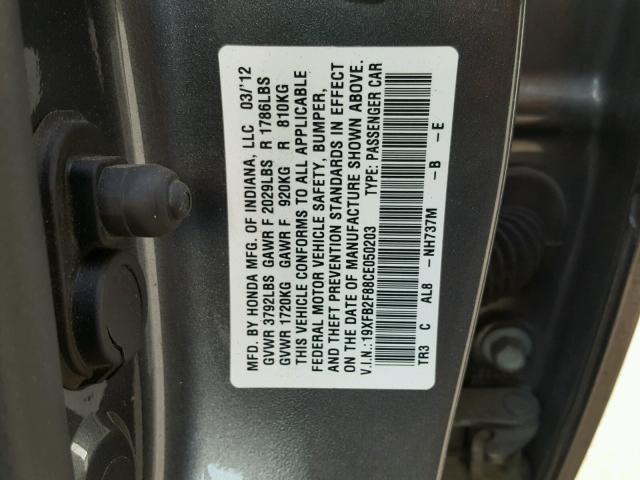 19XFB2F88CE050203 - 2012 HONDA CIVIC EX GRAY photo 10