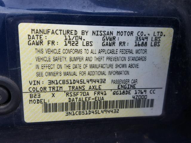 3N1CB51D45L494432 - 2005 NISSAN SENTRA 1.8 BLUE photo 10