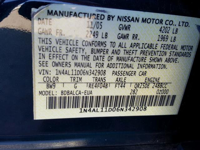 1N4AL11D06N342908 - 2006 NISSAN ALTIMA S BLUE photo 10