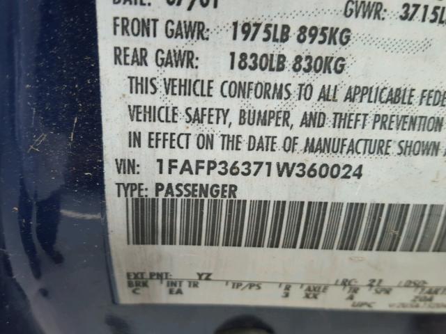 1FAFP38341W151398 - 2001 FORD FOCUS ZTS BLUE photo 10