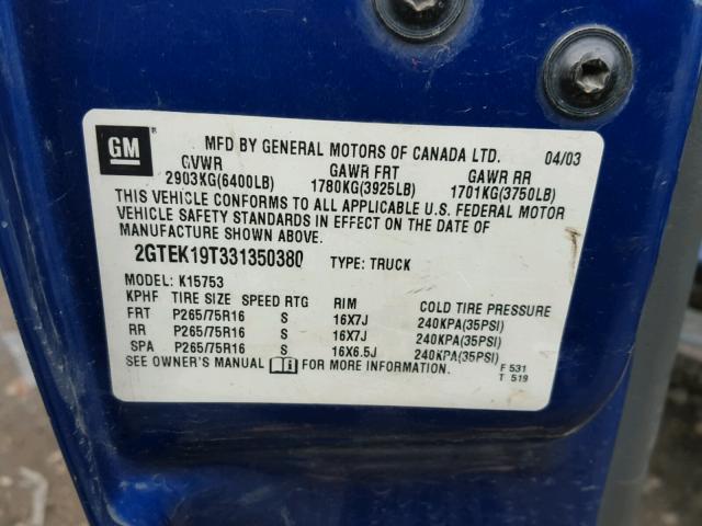 2GTEK19T331350380 - 2003 GMC NEW SIERRA BLUE photo 10