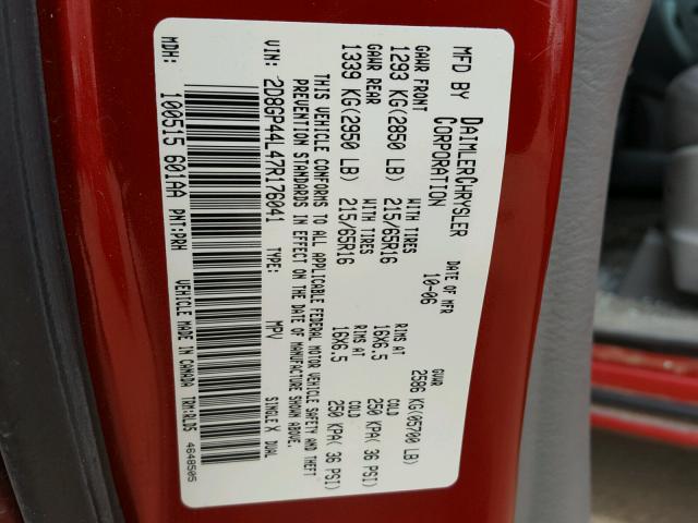 2D8GP44L47R176041 - 2007 DODGE GRAND CARA RED photo 10