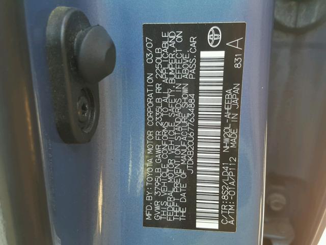 JTDKB20U677634884 - 2007 TOYOTA PRIUS BLUE photo 10