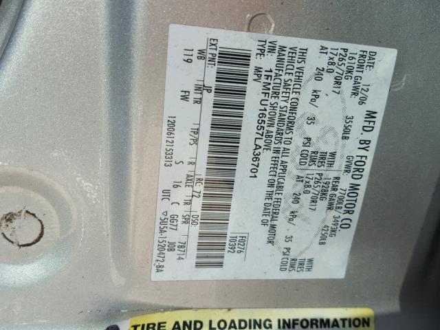 1FMFU16557LA36701 - 2007 FORD EXPEDITION SILVER photo 10