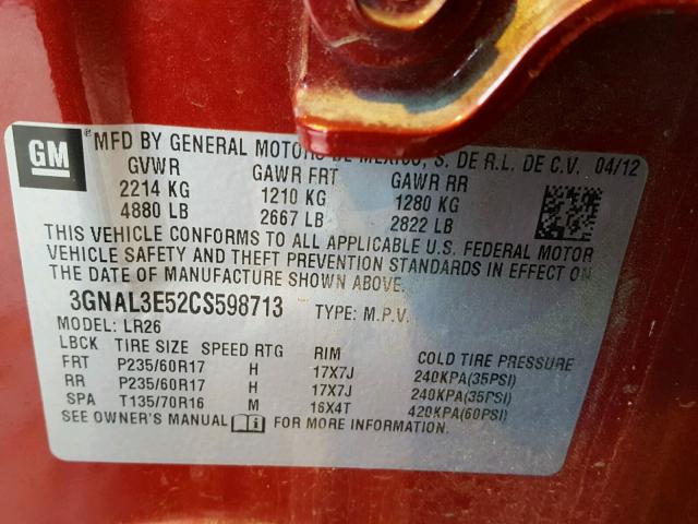 3GNAL3E52CS598713 - 2012 CHEVROLET CAPTIVA SP RED photo 10