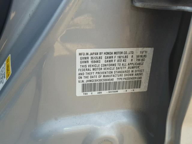 JHMGE8H30CS004540 - 2012 HONDA FIT Күміс фото 10