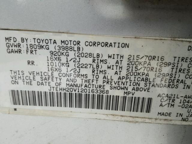 JTEHH20V120163368 - 2002 TOYOTA RAV4 SILVER photo 10