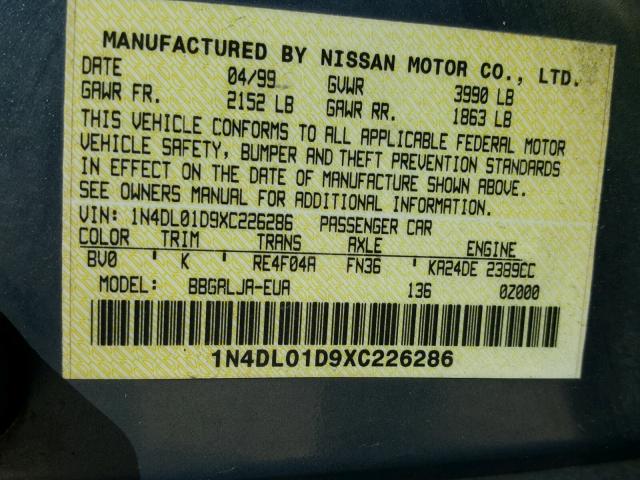 1N4DL01D9XC226286 - 1999 NISSAN ALTIMA XE BLUE photo 10