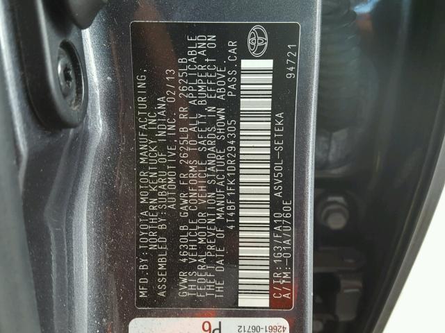 4T4BF1FK1DR294305 - 2013 TOYOTA CAMRY L CHARCOAL photo 10