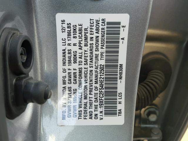 19XFC2F54HE212502 - 2017 HONDA CIVIC LX SILVER photo 10