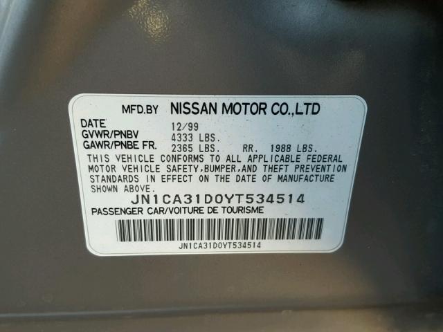 JN1CA31D0YT534514 - 2000 NISSAN MAXIMA GLE GRAY photo 10