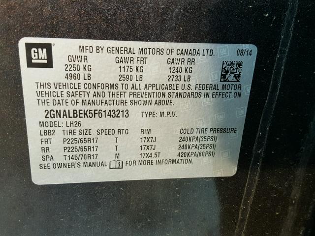 2GNALBEK5F6143213 - 2015 CHEVROLET EQUINOX LT GRAY photo 10