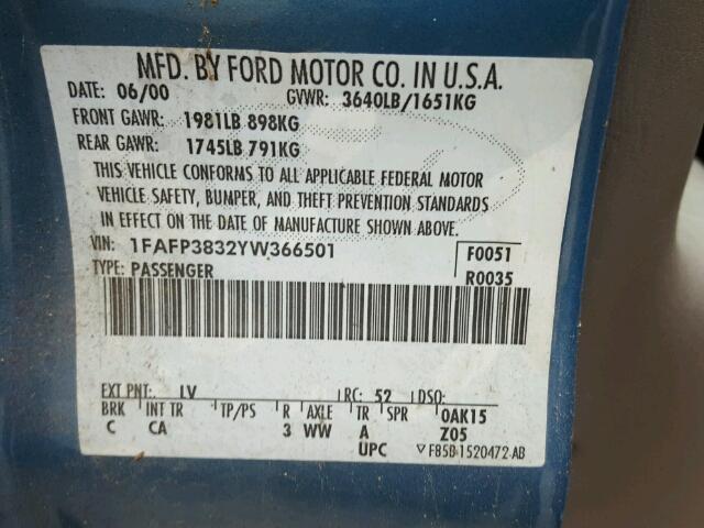 1FAFP3832YW366501 - 2000 FORD FOCUS ZTS BLUE photo 10