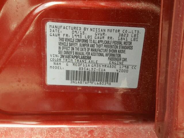 3N1AB7AP9FL680398 - 2015 NISSAN SENTRA S RED photo 10