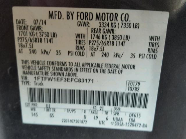 1FTFW1EF3EFC83171 - 2014 FORD F150 SUPER GRAY photo 10