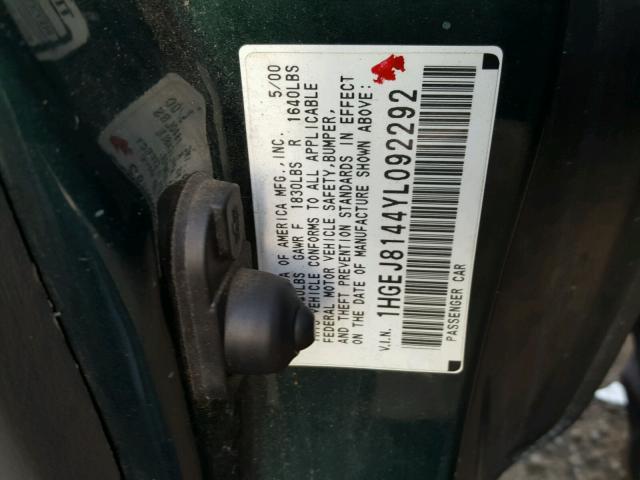 1HGEJ8144YL092292 - 2000 HONDA CIVIC EX მწვანე ფოტო 10