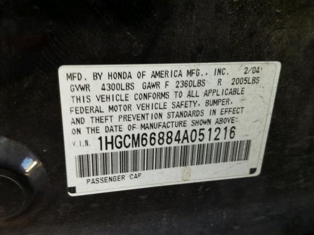 1HGCM66884A051216 - 2004 HONDA ACCORD EX BLACK photo 10