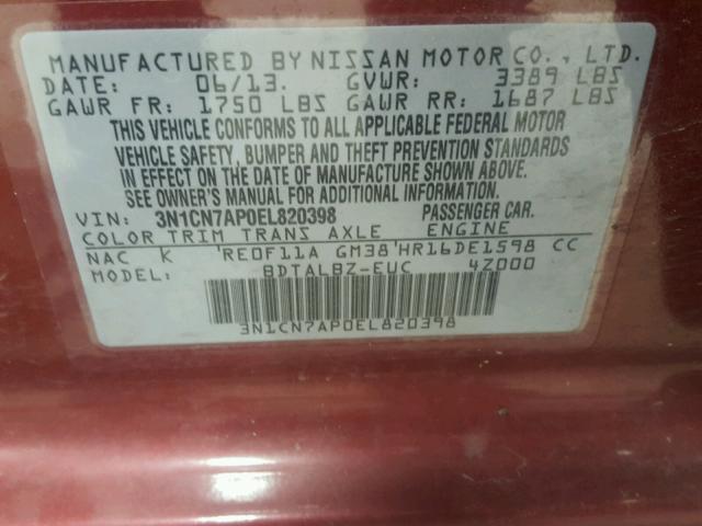 3N1CN7AP0EL820398 - 2014 NISSAN VERSA S MAROON photo 10