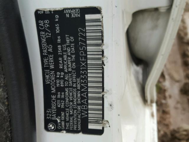 WBAAM3331XFP57722 - 1999 BMW 323I AUTOM WHITE photo 10