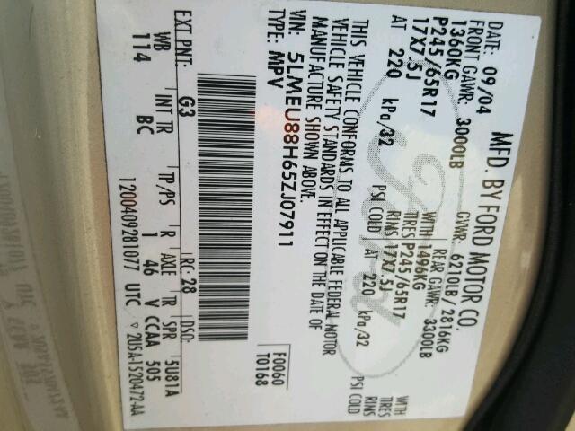 5LMEU88H65ZJ07911 - 2005 LINCOLN AVIATOR 米色 照片 10