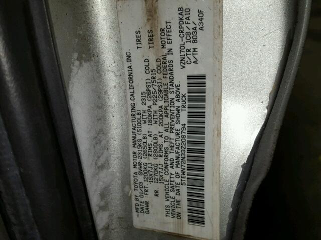 5TEWN72N33Z208794 - 2003 TOYOTA TACOMA XTR SILVER photo 10