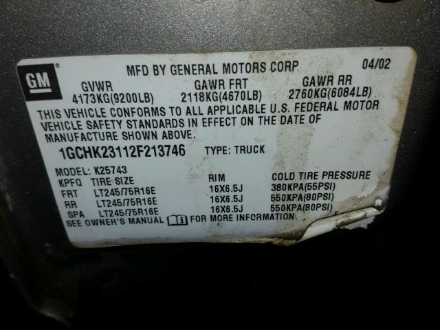 1GCHK23112F213746 - 2002 CHEVROLET SILVERADO SILVER photo 10