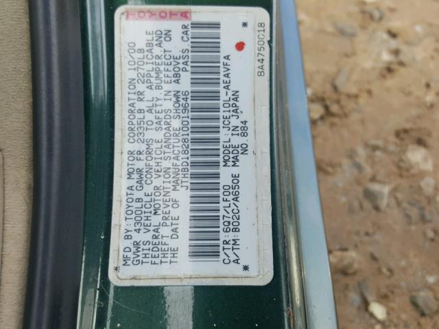 JTHBD182810019646 - 2001 LEXUS IS 300 GREEN photo 10