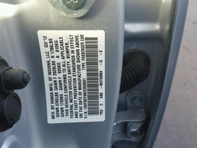 19XFB2F98CE050601 - 2012 HONDA CIVIC EXL SILVER photo 10