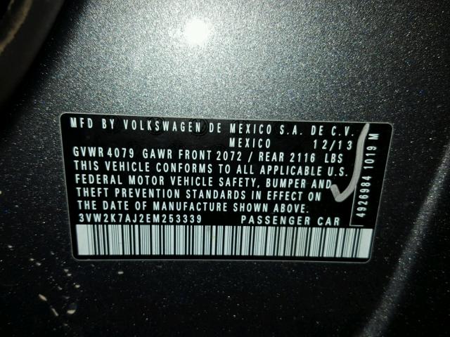 3VW2K7AJ2EM253339 - 2014 VOLKSWAGEN JETTA BASE GRAY photo 10