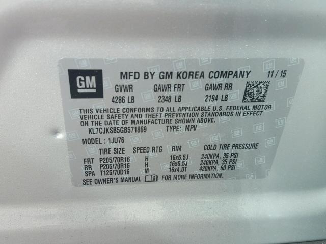 KL7CJKSB5GB571869 - 2016 CHEVROLET TRAX LS SILVER photo 10