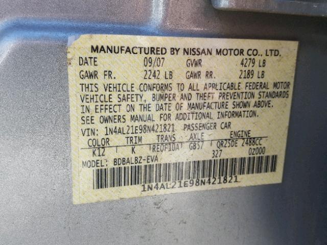 1N4AL21E98N421821 - 2008 NISSAN ALTIMA 2.5 SILVER photo 10