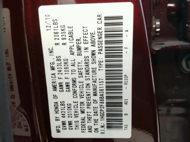 1HGCP2F86BA061157 - 2011 HONDA ACCORD EXL RED photo 10