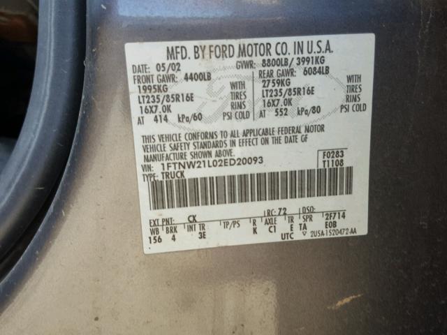 1FTNW21L02ED20093 - 2002 FORD F250 SUPER GRAY photo 10