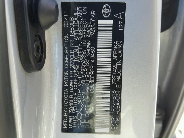 JTDBU4EE9B9140460 - 2011 TOYOTA COROLLA BA SILVER photo 10